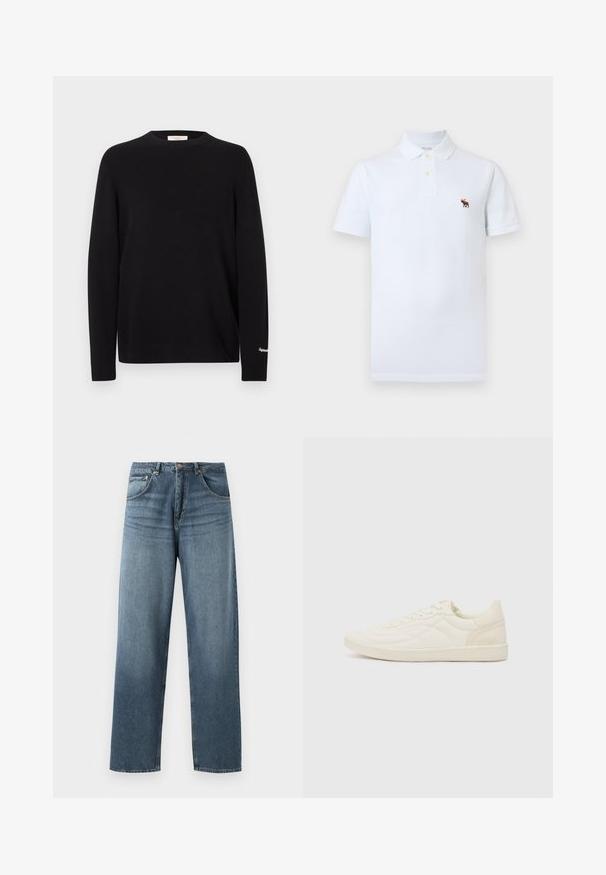 Sort strikket sweater med lange ærmer, rund halsudskæring og ribbede manchetter. Har et diskret gyldent logo-detalje på ærmet.; Hvid kortærmet polo med krave og to knapper, med en lille brun elg-logo broderet på venstre bryst.; Lige ben blå denim jeans med en falmet vask, der har fem lommers design, metallisk knap og bæltestropper. Struktureret, medium vægt stof.; ALDO THEPITCH - Sneakers - white