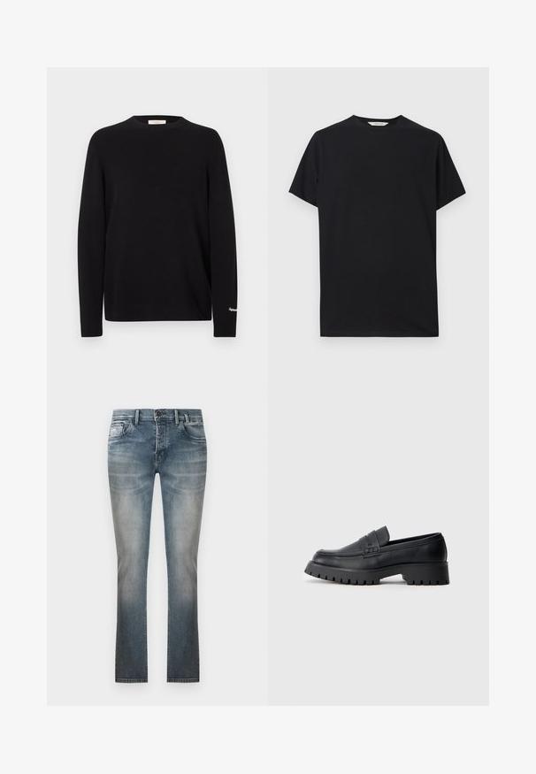 Pull noir tricoté à manches longues, col rond et poignets côtelés. Présente un détail discret de logo doré sur la manche.; T-shirt noir à manches courtes en tissu de coton doux. Col rond avec une coupe décontractée, présentant des lignes épurées et simples sans motifs visibles.; Jean droit bleu délavé avec poches avant, passants pour ceinture et fermeture par bouton, présenté sur un fond blanc uni.; Mocassins en cuir noir avec un bout arrondi, présentant une sangle décorative et une semelle en caoutchouc épaisse avec de profonds crampons pour une meilleure adhérence.