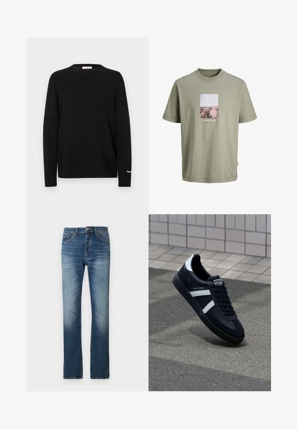 Pull noir tricoté à manches longues, col rond et poignets côtelés. Présente un détail discret de logo doré sur la manche.; T-shirt vert olive clair à manches courtes avec une impression rectangulaire de rochers roses et ciel centrée sur la poitrine, avec un petit texte blanc sous l'impression.; Jean en denim bleu avec une coupe droite. Présente un léger délavage, un design à cinq poches et une fermeture à bouton à la taille.; Sneaker en cuir noir avec des rayures blanches, semelle en caoutchouc texturée et devant à lacets. Présente une étiquette de marque sur la languette.
