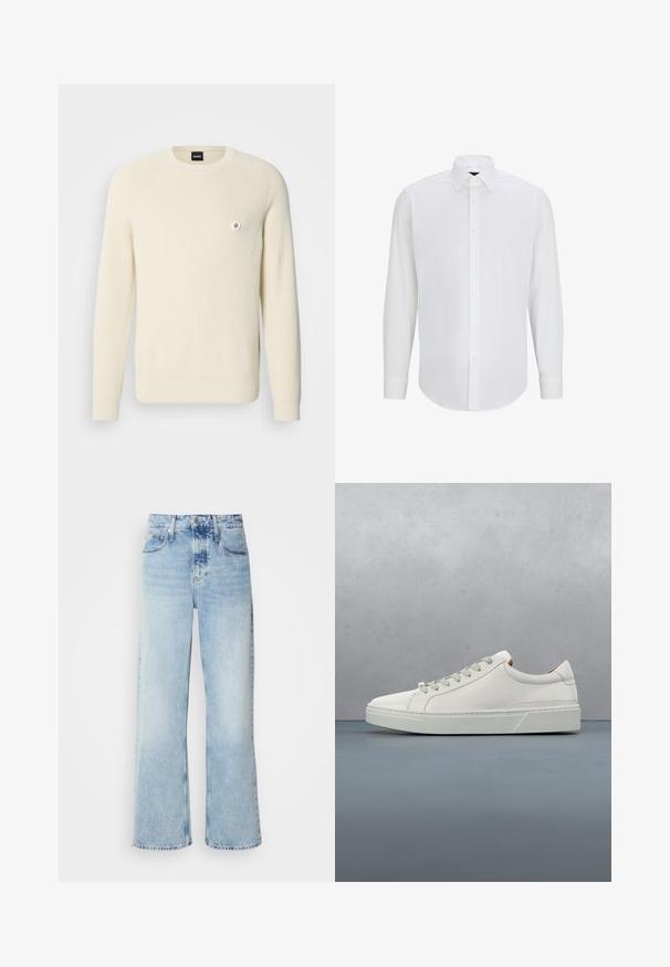 Suéter color crema hecho de tela acanalada, con escote redondo, mangas largas y un pequeño logo circular en el pecho izquierdo.; Camisa de manga larga blanca hecha de tela suave con cuello estándar, cierre frontal de botones y dobladillo redondeado. Sin patrones ni acentos visibles.; Vaqueros de pierna ancha en azul claro con una alta cintura, que presentan un acabado desgastado, cinturillas y un clásico diseño de cinco bolsillos. El dobladillo es sin acabar.; Zapatilla blanca de cuero con punta redondeada, diseño minimalista, cordones grises y suela de goma texturizada gris. Detalles de costura sutiles visibles.