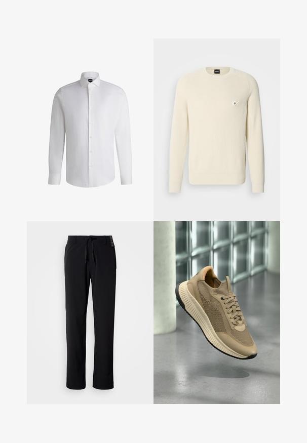 Suéter color crema hecho de tela acanalada, con escote redondo, mangas largas y un pequeño logo circular en el pecho izquierdo.; Camisa blanca de manga larga hecha de algodón suave, con un cuello clásico, botonera completa y puños abotonados. Diseño minimalista.; Pantalones negros y ligeros con diseño de pierna recta. Cuentan con cintura ajustable con cordón y textura suave. Adecuados para uso casual.; Zapatilla ligera beige con detalles de malla y cuero, diseño con cordones, suela gruesa y texturizada, flotando sobre un suelo de cemento pulido en interiores.