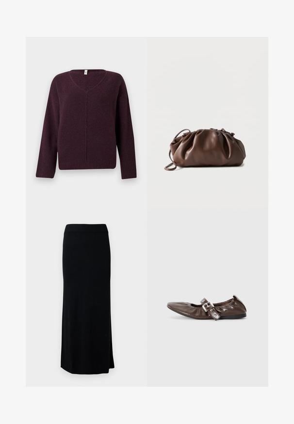 V-hals sweater i mørkeblå, lavet af blødt, tekstureret stof. Har lange ærmer og ribstrikkede kanter ved ærmer og nederkant.; Sort, lang, strikket nederdel med en sideslids. Har en strækbar talje og en glat tekstur. Enkel, tætsiddende design. Ingen synlige mønstre eller detaljer.; Brun lakeret flad sko med spids tå, elastisk sløjfedetalje og en sølvspændeaccent på siden. Sort gummisål.; Blød brun læderpung med samlet top og tynd strop, hvilende på hvid baggrund.