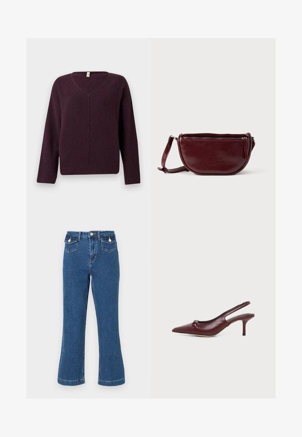 Pull en V de couleur violet foncé, fabriqué à partir d'un tissu doux et texturé. Il présente des manches longues et des bords côtelés aux poignets et à l'ourlet.; Jean bleu en denim taille haute, évasé, avec coutures surpiquées, deux poches avant et une fermeture à bouton. Texture douce, longueur standard.; Escarpin slingback en cuir bordeaux à talon kitten, bout pointu et petit nœud sur le dessus, présenté sur fond blanc.; Sac à main en cuir marron foncé avec une forme en demi-lune, une fermeture éclair et une bandoulière amovible. Texture lisse avec un léger éclat.