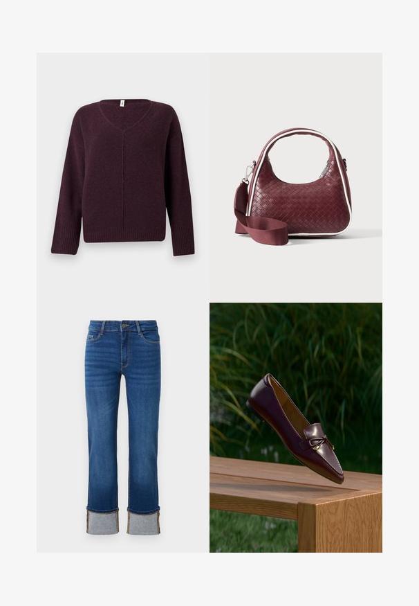 V-Ausschnitt-Pullover in Dunkellila, aus weichem, strukturiertem Stoff. Mit langen Ärmeln und gerippten Kanten an den Bündchen und dem Saum.; Blaue Denim-Jeans mit geradem Bein und aufgerollten Säumen in Hellgrau. Mittlere Leibhöhe und traditionelles Fünf-Taschen-Design.; Brauner Lederloafer mit Schleifendetail, der über einer Holzbank schwebt, grüne Blätter im unscharfen Hintergrund.; Dunkelrote gewebte Ledertasche mit gebogenem Griff, weißem Besatz, silbernem Reißverschluss und abnehmbarem breitem Stoff-Schulterriemen vor einfarbigem Hintergrund.