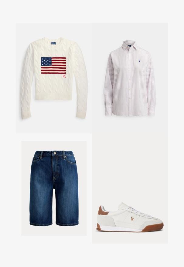 Pull crème en maille torsadée avec un grand motif de drapeau américain en rouge, blanc et bleu. Poignets et ourlet côtelés. Petit détail brodé "RL".; Chemise à manches longues avec boutons, rayures fines verticales rouges et bleues, col pointu, et petit logo brodé d'un cheval bleu marine sur la poitrine.; Shorts en denim bleu foncé avec une coupe droite, une taille mi-haute, une fermeture par bouton métallique et des coutures contrastantes jaunes le long des coutures.; Baskets basses blanches avec des accents en daim marron au talon et à l’orteil, des lacets blancs et un petit logo brodé marron sur le côté.