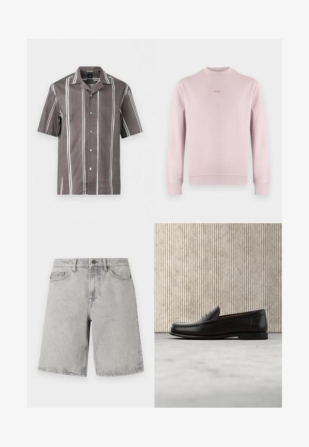 Sweat-shirt rose clair en tissu doux, doté d'un col rond et de poignets côtelés. Logo brodé "BOSS" en rose assorti sur la poitrine.; Chemise marron à manches courtes avec des rayures verticales blanches et un col camp, posée à plat sur un fond blanc.; Shorts en jean gris clair avec fermeture par bouton et fermeture éclair, passants pour ceinture et poches avant, présentés sur un fond blanc.; Mocassin penny en cuir noir avec talon bas, bout arrondi et détails cousus à l'avant et sur les côtés, présenté sur un fond neutre.