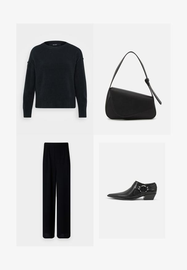 Schwarzer Strickpullover mit rundem Ausschnitt, langen Ärmeln und geripptem Saum. Weicher Stoff mit etwas lockerer Passform und abgesenkten Schultern.; Vero Moda Petite VMLIVA SUPER WIDE PANTS - Stoffhose - black; Schwarze Leder-Ankle-Boots mit spitzem Zeh, ausgestattet mit einem vorderen Leder-Riemen und einem silbernen Schnallendetail sowie einem niedrigen Blockabsatz.; Schwarze Lederhandtasche mit dreieckiger Form, schrägem Klappdeckel und rundem Oberhandgriff. Verfügt über eine glatte Textur und minimalistische Designdetails.