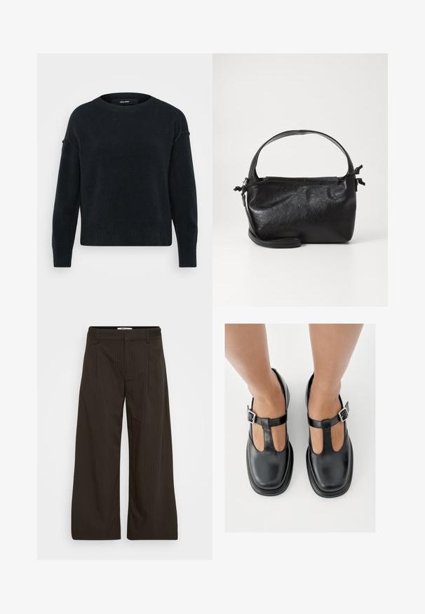 Sort strikket sweater med rund halsudskæring, lange ærmer og ribbet kant. Blød tekstur med en let løs pasform og drop skuldre.; Mørkebrune brede benbukser med tynde lodrette striber, bæltesløjfer og frontlynlås.; Sorte lædersko med T-rem-design, lukket tå og sølvfarvede spændeaccenter. Glat tekstur med rundet tå og flad sål.; Sort læderhåndtaske med et struktureret design, rund tophåndtag og aftagelig skulderrem. Den har en glat tekstur og en subtil glans.