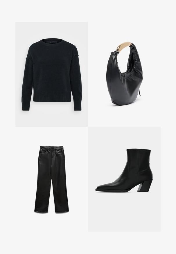 Jersey negro de punto con cuello redondo, mangas largas y dobladillo acanalado. Textura suave con un corte ligeramente holgado y hombros caídos.; Pantalones de pierna ancha de cuero sintético negro con bolsillos frontales, trabillas para cinturón y un brillo sutil. Textura suave y ajuste entallado.; Bota de tobillo de cuero negro con punta afilada, una silueta elegante y un tacón cuadrado grueso. Textura suave con detalles de costura mínimos.; Bolso de mano de imitación cuero negro con una silueta curva. Presenta un asa de tono dorado brillante y una textura fruncida a lo largo de la apertura superior.