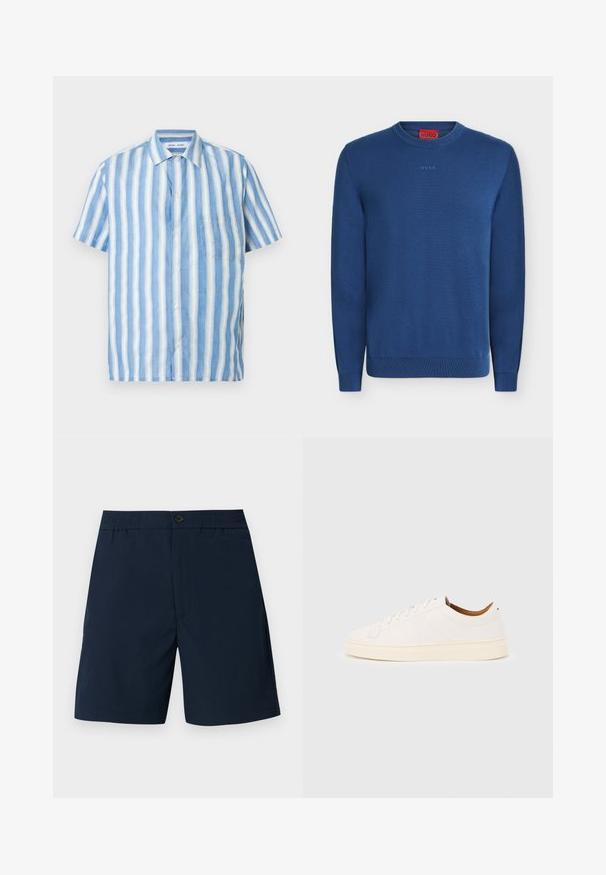 Pull bleu à manches longues avec col rond, poignets et ourlet côtelés, avec un petit logo HUGO embossé sur la poitrine et une étiquette rouge à l’intérieur du cou.; Chemise à manches courtes à rayures verticales bleu clair et blanc, en lin, avec col pointu et une poche poitrine unique.; Shorts pour hommes bleu marine avec taille élastique, bouton à l'avant et fermeture éclair, fabriqués en tissu texturé léger.; Baskets blanches basses avec un design à lacets, des détails de couture minimalistes, et une semelle couleur crème sur un fond gris clair.