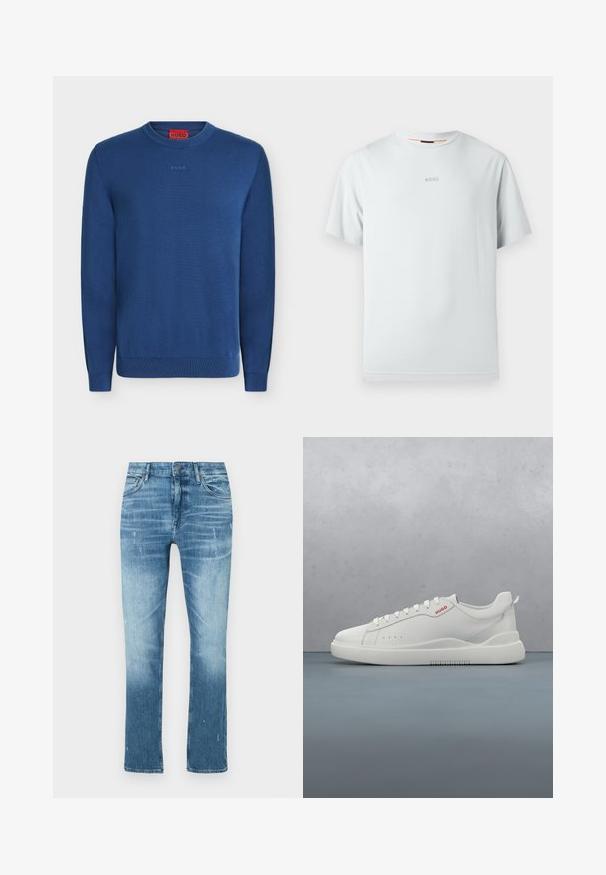 Pull bleu à manches longues avec col rond, poignets et ourlet côtelés, avec un petit logo HUGO embossé sur la poitrine et une étiquette rouge à l’intérieur du cou.; T-shirt bleu clair à manches courtes en coton doux. Présente un col rond et un logo « BOSS » subtil dans une teinte légèrement plus foncée.; Jean droit bleu clair en denim, avec une finition délavée, des légères distorsions et un design traditionnel à cinq poches.; Sneaker blanche avec une finition en cuir lisse, bout rond, quatre œillets, perforations subtiles et un détail de logo rouge sur le côté.