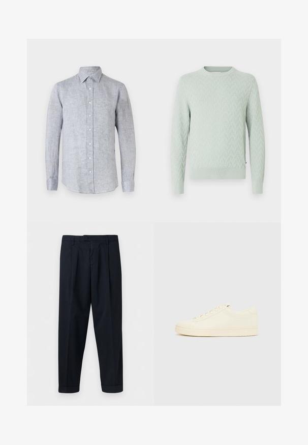 Pull vert clair à motifs avec une texture tissée, manches longues et col rond. Poignets et ourlet côtelés apportent une touche de détail.; Chemise à manches longues pour homme, gris clair, avec boutons, col et tissu texturé subtil.; Pantalon bleu marine ajusté avec passants de ceinture, plis à l'avant et ourlets retroussés, présenté sur un fond blanc.; Baskets couleur crème avec une tige en cuir lisse, bout arrondi, laçage à l'avant et semelle en caoutchouc texturée. Design minimaliste, sans logo.