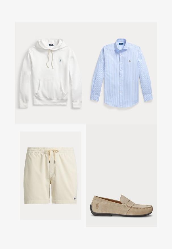 Biela mikina Polo Ralph Lauren s kapucňou, predným vreckom, sťahovacou šnúrkou a námornícky modrým vyšitým logom na ľavej strane hrudníka.; Svetlomodrá košeľa s dlhým rukávom na gombíky s bielymi zvislými pásmi a malým vyšívaným logom na ľavom hrudníku.; Béžové kordové šortky s elastickým pásom a sťahovacou šnúrkou, s malým tmavým vyšívaným logom na dolnej ľavej nohe.; Béžové semišové mokasíny s prešívaním, plochou gumenou podrážkou a malým logom na strane. Klasický dizajn na obúvanie, mäkká textúra.