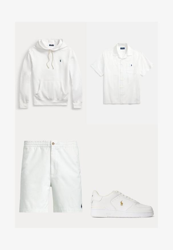 Sudadera con capucha blanca Polo Ralph Lauren con bolsillo frontal, capucha con cordón y logo bordado en azul marino en el lado izquierdo del pecho.; Camisa blanca de manga corta fabricada en algodón, con cuello con muesca, botones frontales y un pequeño logo azul en el bolsillo del pecho.; Pantalones cortos blancos para hombre con cinturilla elástica, cierre de botón, bolsillos laterales y pequeño logo oscuro cerca del dobladillo inferior en una pierna.; Zapatilla blanca de piel de corte bajo con cordones blancos y un logo dorado de Polo Ralph Lauren en el lateral y "Polo" grabado en la suela.