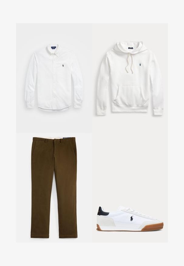Valge Polo Ralph Laureni kapuutsiga dressipluus ees tasku, nööriga kapuuts ja tumesinise tikandiga logo vasakul rinnal.; Valge pika käisega nööbiga särk, millel on kaelus, sisaldab väikest tumesinist broderitud logo. Puuvillane kangas sujuva tekstuuriga.; Pruunid puuvillast chinos-püksid, millel on sile viimistlus, lame eesmine pool, küljetaskud ja sirged sääred. Hõlpsasti nähtav õmblusdetail äärejoonel.; Valge madala säärega toss pruunide tallade, musta kanna plaastri ja musta polomängija logoga külgedel.