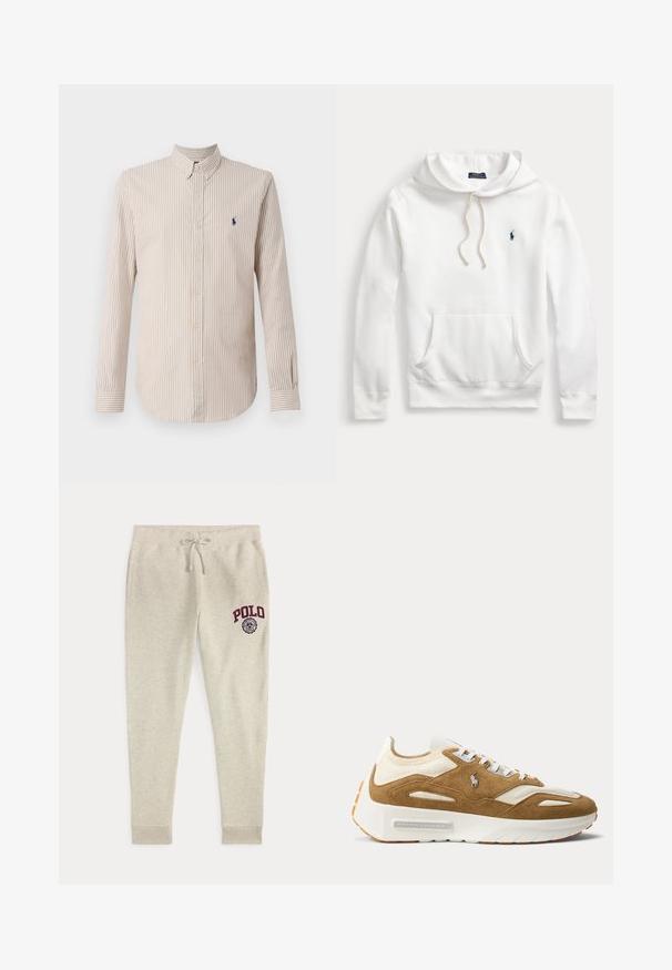 Sudadera con capucha blanca Polo Ralph Lauren con bolsillo frontal, capucha con cordón y logo bordado en azul marino en el lado izquierdo del pecho.; Camisa de manga larga a rayas en crema y marrón claro, con cuello abotonado y un pequeño logotipo en navy en el pecho.; Pantalones deportivos beige con cordón, bolsillos laterales y logo y emblema rojo "POLO" en la parte superior del muslo izquierdo.; Zapatilla blanca y beige con suela gruesa, parte superior de ante y malla, cierre de cordones en la parte frontal y logotipo de Ralph Lauren en el lateral.