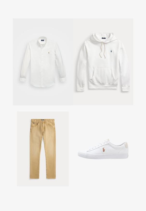 Hvid Polo Ralph Lauren hoodie med frontlomme, snøretræk i hætten og marineblåt broderet logo på venstre bryst.; Hvid langærmet knap-down skjorte lavet af bomuld, med et lille, broderet logo på brystet og et klassisk kravedesign.; Beige bomuldsjeans med slim fit, fem-lommes design og synlig syning. Har en metal knap og label på taljen.; Hvide kanvas sneakers med lågtop design, prydet med en beige hælkappe og et lille broderet logo på siden. Gummisål.