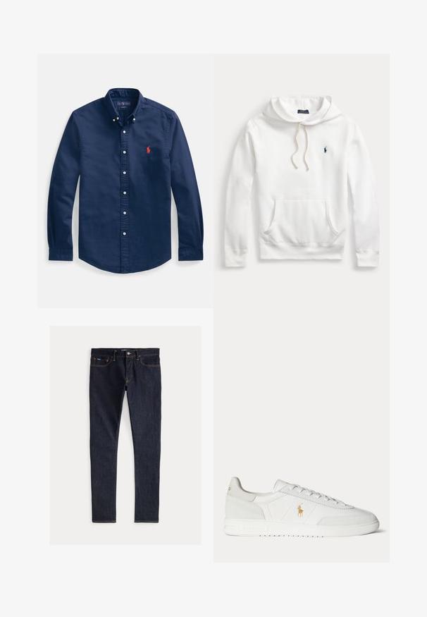 Λευκό φούτερ Polo Ralph Lauren με τσέπη μπροστά, κουκούλα με κορδόνι και κεντημένο λογότυπο σε ναυτικό μπλε στο αριστερό στήθος.; Πουκάμισο σε σκούρο μπλε χρώμα, κουμπωτό, κατασκευασμένο από βαμβάκι, με μυτερό γιακά, μακριά μανίκια και μικρό κόκκινο κεντημένο λογότυπο στο στήθος.; Σκούρο μπλε τζιν παντελόνι με στενή γραμμή, διαθέτοντας πέντε τσέπες, κίτρινα ραφές και κουμπί κλεισίματος στη μέση. Λείος υφασμάτινος χαρακτήρας.; Άσπρο χαμηλό sneaker με σχεδιασμό κορδονιών, χρυσό λογότυπο Polo Ralph Lauren στο πλάι και υφασμένο πέλμα σε μονόχρωμο φόντο.