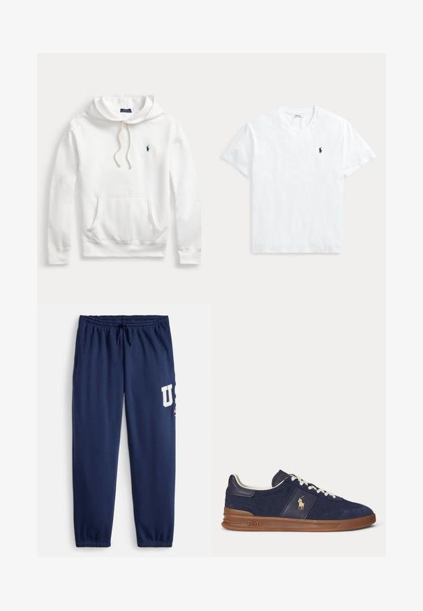 Hvid Polo Ralph Lauren hoodie med frontlomme, snøretræk i hætten og marineblåt broderet logo på venstre bryst.; Hvid T-shirt med V-hals og korte ærmer med lille navyblåt Polo Ralph Lauren hestelogo på venstre bryst.; Marineblå joggingbukser lavet af en bomuldsblanding, med elastisk talje og snøre, sidelommer og en stor hvid "US"-logo.; Mørkeblå lavtopsneaker med hvide snørebånd, brun sål og Polo-spiller logo på siden, set fra venstre.