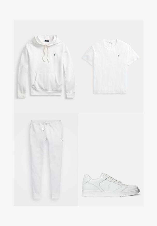 Witte Polo Ralph Lauren hoodie met voorzak, capuchon met trekkoord en marineblauw geborduurd logo op de linkerborst.; Wit T-shirt met V-hals en korte mouwen met een klein marineblauw Polo Ralph Lauren paardenlogo op de linkerborst.; Witte sweatpants van zacht materiaal, met een tailleband met trekkoord, zijzakken en ribgebreide manchetten. Klein logo op de dij.; Witte leren sneaker met een gladde textuur, voorzien van een geperforeerde neus, vetersluiting en geborduurde logo aan de zijkant. Witte rubberen zool.