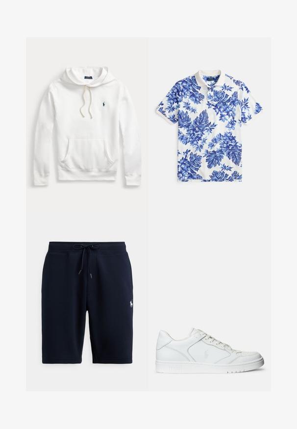 Biela mikina Polo Ralph Lauren s kapucňou, predným vreckom, sťahovacou šnúrkou a námornícky modrým vyšitým logom na ľavej strane hrudníka.; Polokošeľa s krátkym rukávom v bielej farbe s modrým kvetinovým vzorom, rebrovaným golierom a zapínaním na tri gombíky. Mäkká tkanina s hladkou textúrou.; Tmavomodré atletické šortky z bavlny s elastickým pásom, sťahovacou šnúrkou a logom na ľavej strane. Hladká textúra, dĺžka po kolená.; Biele kožené tenisky s hladkým povrchom, obsahujúce perforovanú špičku, šnúrkové uzatvorenie a vyšívané logo na boku. Biela gumová podrážka.