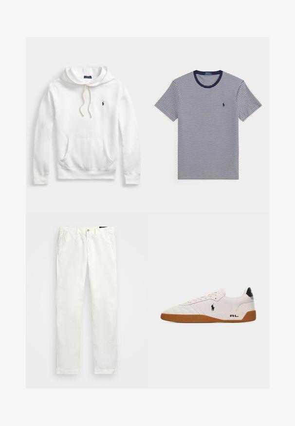 Biela mikina Polo Ralph Lauren s kapucňou, predným vreckom, sťahovacou šnúrkou a námornícky modrým vyšitým logom na ľavej strane hrudníka.; Námornícky modro-biele tričko s krátkym rukávom s horizontálnymi pruhmi, okrúhlym výstrihom a malým vyšívaným logom na ľavej strane hrude.; Biele bavlnené chinos nohavice so strait leg dizajnom, obsahujúce bočné vrecká, jediné zapínanie na gombík a hladkú textúru.; Biela nízka teniska s hnedou gumovou podrážkou, čiernym logom Polo Ralph Lauren na boku a textom „RL" na päte.