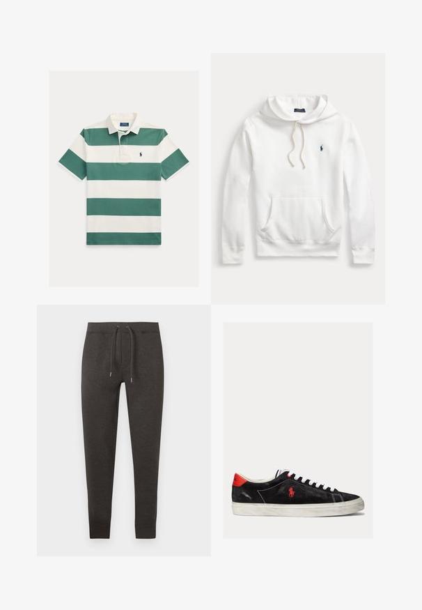 Witte Polo Ralph Lauren hoodie met voorzak, capuchon met trekkoord en marineblauw geborduurd logo op de linkerborst.; Poloshirt met korte mouwen met brede horizontale groene en witte strepen, witte kraag en klein geborduurd logo op de borst.; Donkergrijze sweatpants gemaakt van zacht materiaal, met een elastische tailleband en trekkoorden, taps toelopende pijpen en boorden bij de enkels.; Zwarte suede sneakers met witte veters, rode accenten op de hak en een klein rood logo. Beschikt over een platte rubberen zool en eenvoudige stiksels.