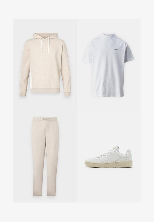 Sweat à capuche beige avec un motif géométrique subtil, capuche à cordon, poignets côtelés et panneaux latéraux. Texture douce, design décontracté.; T-shirt en coton blanc avec un col haut et des manches courtes. Présente le logo "SAMSØE SAMSØE" en noir sur le devant. Texture lisse.; Pantalons taper beige légers avec taille à cordon, devant plat et peu de plis. Comprend des passants de ceinture et des poches latérales.; Baskets en cuir blanc avec une finition texturée et un col rembourré. Elles sont dotées d'une semelle en caoutchouc beige et d'une discrète branding sur le talon et le côté.