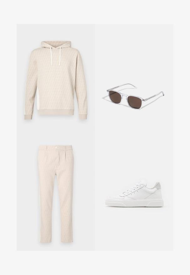 Beige hættetrøje med et diskret geometrisk mønster, snøre i hætten, ribstrikkede ærmeender og sidepaneler. Blød tekstur, afslappet design.; Beige mønstrede bukser med et diskret bladmotiv, veltilpassede, med knaplukning og sidelommer. Glat stoffetekstur.; Hvide lædersneakers med en glat finish, rund tå, flade snørebånd og en struktureret sål. Grå ruskindsdetalje ved hælen.; Klare plastik solbriller med rektangulære brune linser, med tynde, transparente stænger og metal accenter på templerne.