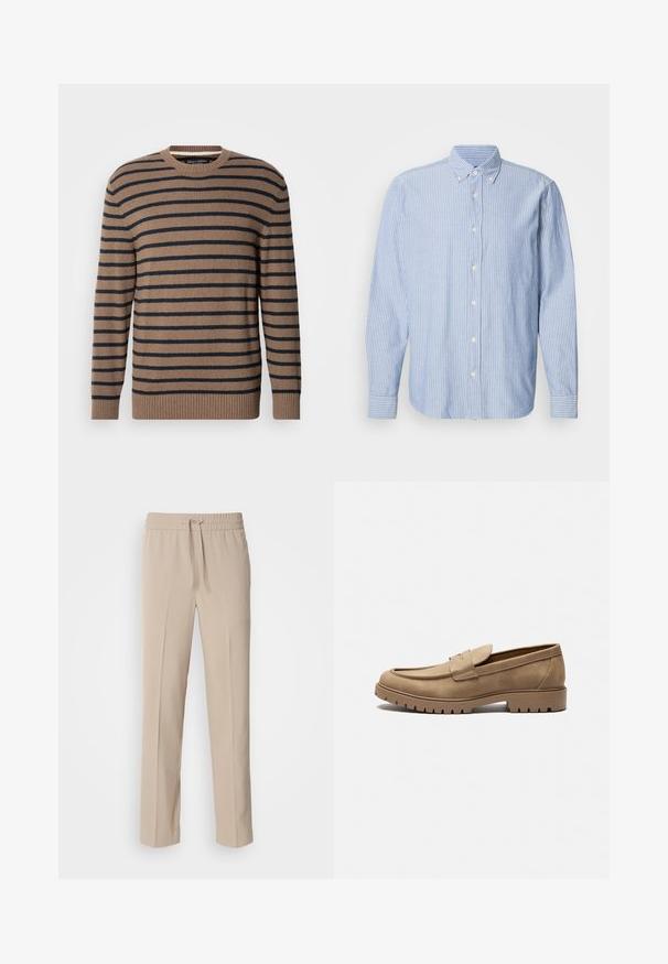 Suéter de rayas marrones y azul marino con cuello redondo, mangas largas y puños acanalados, confeccionado con un tejido de punto suave.; Camisa de botones en azul claro con rayas blancas, que presenta un cuello clásico y mangas largas. Confeccionada en tejido tejido con una textura suave.; Pantalones beige de corte relajado, hechos de una tela suave, con una cinturilla elástica y cordón ajustable, y piernas rectas con acentos mínimos.; Mocasines de gamuza color marrón claro con punta redondeada, suela plana de goma y costuras decorativas en la parte superior. Presentan un diseño sin cordones para poner y quitar fácilmente.