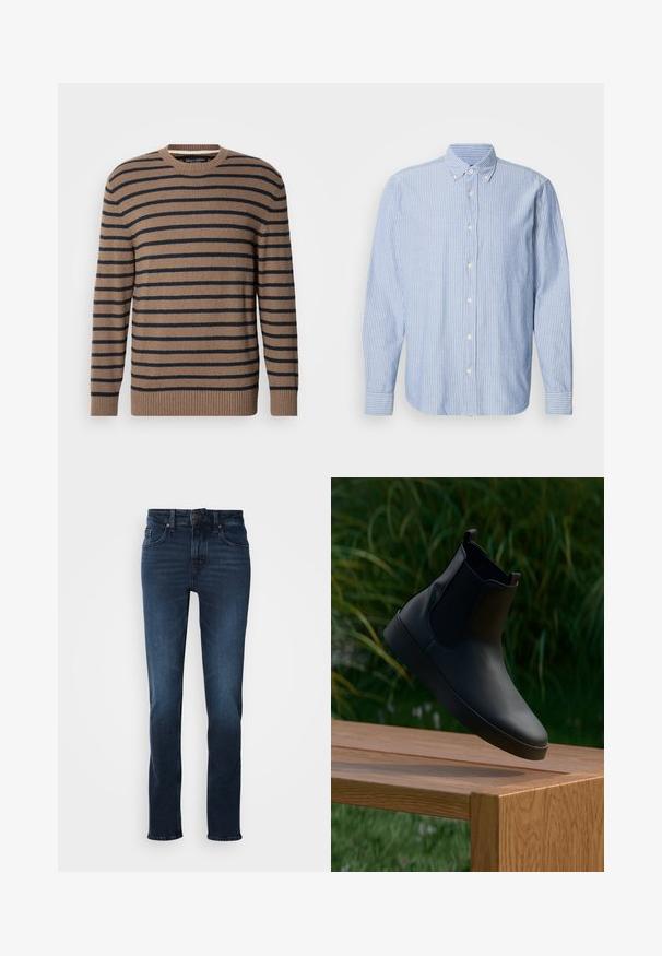 Brun og marineblå stribet sweater med rund hals, lange ærmer og ribstrikkede manchetter, lavet af et blødt strikmateriale.; Lys blå skjorte med hvide striber, som har en klassisk krave og lange ærmer. Fremstillet af vævet stof med en glat tekstur.; Mørkeblå denim jeans med lige ben-design, fem-lomme stil, frontknaplukning og subtilt slid på lårene.; Sort læder ankelstøvle med elastiske sidepaneler, glat overflade, afrundet tå og flad sål, placeret over et træt bord mod en grøn baggrund.