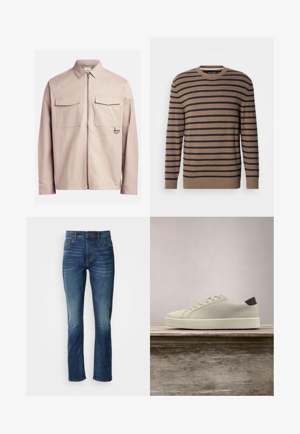 Suéter de rayas marrones y azul marino con cuello redondo, mangas largas y puños acanalados, confeccionado con un tejido de punto suave.; Chaqueta beige clara con cremallera frontal, dos bolsillos en el pecho y un detalle en forma de anillo en el lateral. Fabricada con una tela suave y un diseño estructurado.; Jeans de mezclilla azul con corte recto, con cremallera, diseño de cinco bolsillos y ligeros desgastes para un efecto de uso.; Zapatilla blanca con suela texturizada y detalle negro en el talón, flotando sobre un banco de madera con hierba alta y verde de fondo.