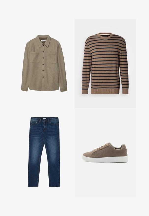 Pull rayé marron et marine avec un col rond, des manches longues et des poignets côtelés, fabriqué en maille douce.; Chemise boutonnée en laine marron avec un col pointu, deux poches poitrine et des boutons noirs. Texture douce avec une coupe décontractée.; Jean slim-fit bleu foncé avec des détails délavés, design classique à cinq poches, fermeture à bouton et passants de ceinture.; Baskets en daim marron avec des semelles en caoutchouc blanc plat, design lacé, bout rond et texture lisse. Style minimaliste avec des détails de couture subtils.
