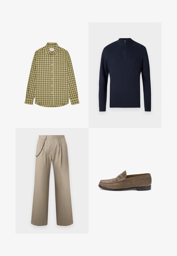 Pull-over marine avec col montant et fermeture éclair mi-longue, présentant un motif en losanges texturé et des poignets et un ourlet côtelés.; Chemise à carreaux verts avec un col classique, des manches longues et un ourlet arrondi. Comprend des boutons blancs et un tissu doux et texturé.; Pantalon beige à jambes larges avec plis à l'avant et une chaîne métallique attachée au passant de ceinture gauche pour le style.; Mocassin pour homme en daim marron, avec un petit talon noir et un bout arrondi, vu de côté sur un fond blanc.