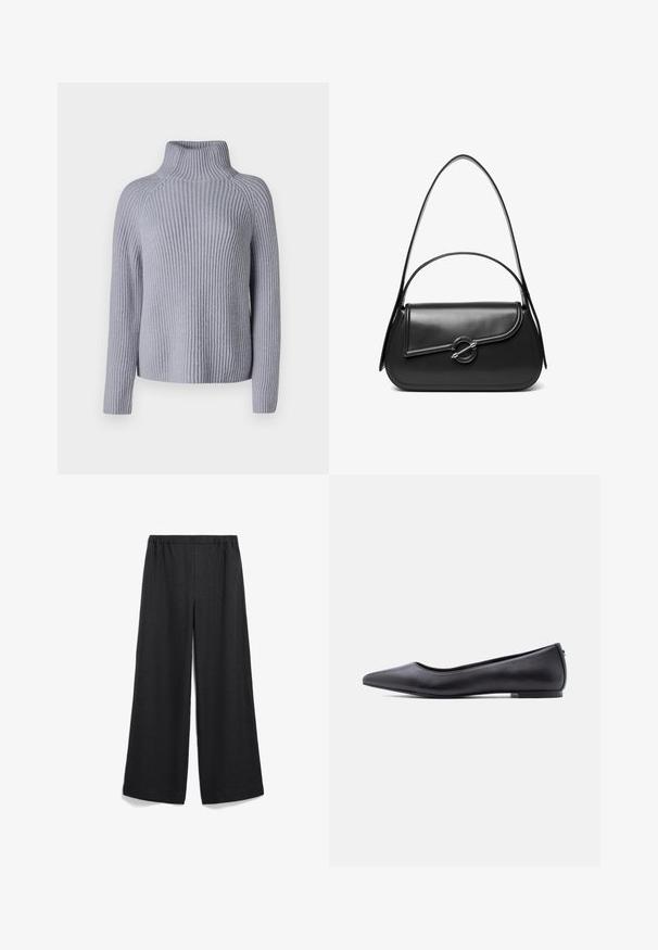 Pull en maille côtelée gris clair avec un col haut, des manches longues et une coupe décontractée, présentant un motif texturé et un ourlet droit.; Pantalon noir à jambes larges avec une taille élastique. Fabriqué en tissu léger, présentant une texture lisse sans motifs ni accents visibles.; Chaussure plate en cuir noire à bout pointu avec petit talon, vue de profil sur fond blanc.; Sac à bandoulière en cuir noir avec un rabat incurvé fermé par un fermoir métallique rond et une sangle fine et ajustable.
