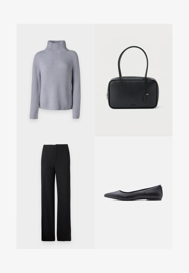 Suéter de punto acanalado gris claro con cuello alto, mangas largas y un ajuste relajado, que presenta un patrón texturizado y un dobladillo recto.; Pantalones negros a rayas con corte recto, que presentan una textura suave y una cinturilla, aptos para vestimenta formal o de negocios.; Zapato plano de cuero negro con punta puntiaguda y tacón bajo, mostrado de perfil contra un fondo blanco.; Bolso rectangular negro con asas dobles redondeadas, cremallera dorada y logo "HUGO" en relieve en el frente con etiqueta de cuero adjunta.