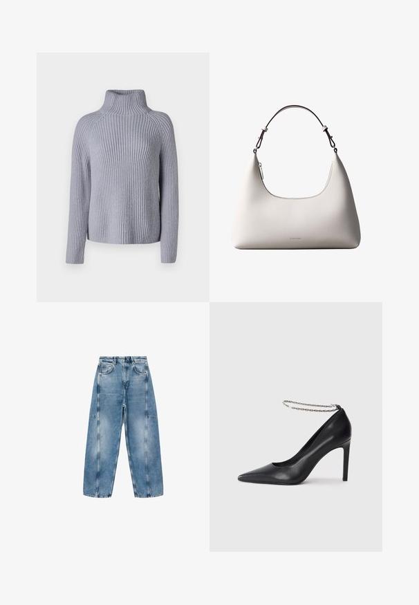 Lys grå ribbet striktrøje med høj krave, lange ærmer og en afslappet pasform, der har et struktureret mønster og lige kant.; Lysblå denim jeans har en afslappet pasform, store lommer og kontrasterende syninger. Stoffet har en falmet finish med en glat overflade.; Sorte læder højhælede pumps med spids tå, der har en tynd sølvkæde ankelrem og en slank, glat tekstur.; Cremefarvet skuldertaske i læder fra Calvin Klein med buet topkant, sølvfarvet lynlås og mørkebrun justerbar rem.