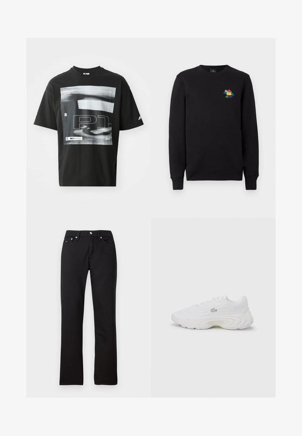 Sort langærmet sweatshirt med rund hals og et lille farverigt zebra-design på venstre bryst, med accenter i rød, gul, blå og grøn.; Sort bomulds T-shirt med grafisk tryk, der inkluderer tekstelementerne "FORMULA 1 RACING" og "P1." Rund hals og korte ærmer.; Sorte, lige ben jeans lavet af bomuldsblandingsmateriale. Har bæltesløjfer, forlommer og sølvfarvede knapper. Ingen synlige mønstre.; Hvide sneakers med tekstureret overdel, rund tå og tyk sål. Indeholder snørebånd og et lille logo på siden. Glat finish.