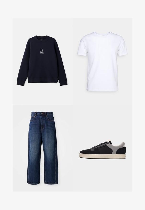 Sudadera azul marino de algodón suave con escote redondo, mangas largas y un pequeño logo blanco en el pecho.; Camiseta blanca de manga corta en tejido de algodón con cuello redondo. Diseño simple sin patrones ni acentos. Textura suave.; Pantalones vaqueros de pierna ancha en azul oscuro, fabricados en denim. Presentan una cinturilla clásica con trabas para cinturón, bolsillos frontales y una silueta recta.; Zapatilla baja con parte superior de malla y tela negra, zona del talón en gris, cordones negros y suela de goma color blanco roto sobre fondo blanco.