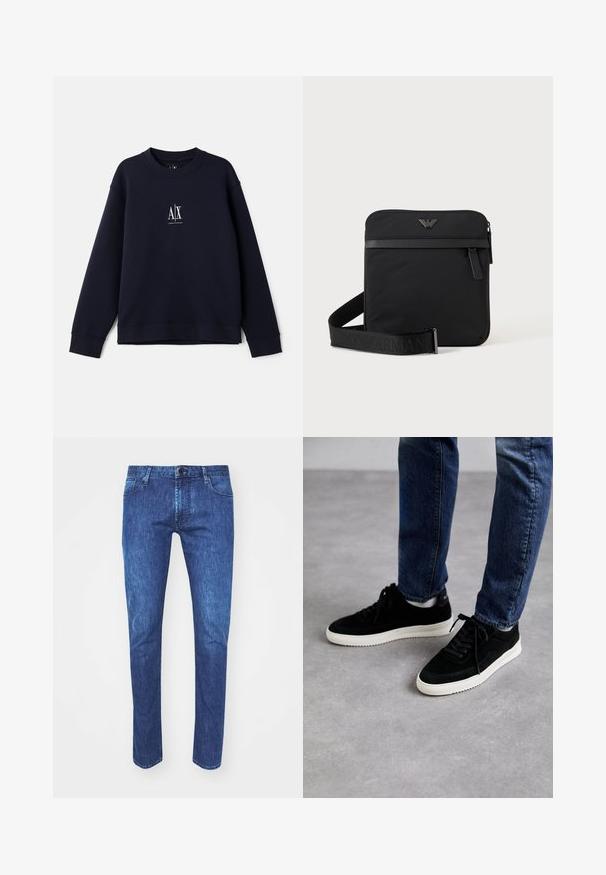 Marineblå sweatshirt lavet af blødt bomuld med rund halsudskæring, lange ærmer og et lille hvidt logo på brystet.; Blå denimjeans med lige pasform, knaplukning, fem lommer og kontrastsyninger. Stoffet viser en mellem vask med let falming.; Sorte ruskind sneakers med en hvid gummisål, der har et klassisk low-top design, rundt tå og flade sorte snørebånd.; Sort firkantet skuldertaske med lynlås, frontlomme og justerbar rem med præget brandnavn.