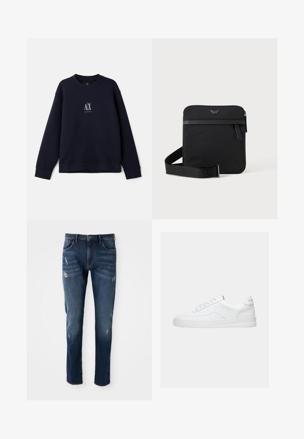 Marineblauwe sweatshirt gemaakt van zachte katoen met een ronde hals, lange mouwen en een klein wit logo op de borst.; Donkerblauwe denim jeans met slim fit, lichte slijtage op de dijen en knieën, klassiek vijf-pocket ontwerp en knoopsluiting.; Witte lage sneaker met vetersluiting, glad leren bovenwerk en dikke zool, gezien vanuit de zijkant tegen een effen achtergrond.; Zwarte vierkante schoudertas met ritssluiting, voorvak en verstelbare band met geperste merknaam.