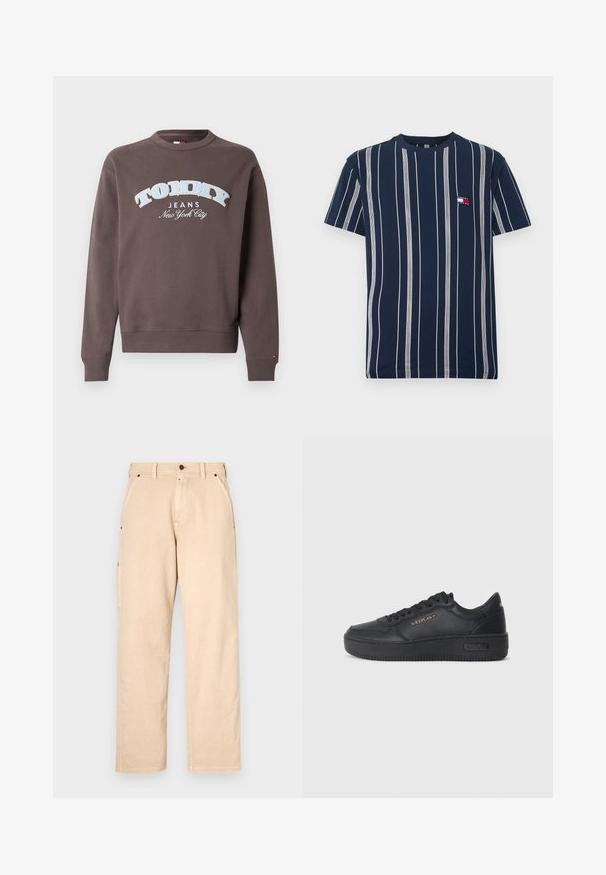 Brun sweatshirt i bomuldsblanding med et hvidt og lyseblåt "TOMMY JEANS" logo. Ribbet manchetter og kant, med rund hals.; Marineblå T-shirt med lodrette hvide striber, rund halsudskæring, korte ærmer og lille logo i rødt og hvidt på brystet.; Beige bomuldsbukser med lige ben, der har sidelommer, bæltestropper og knaplukning foran. Glat tekstur, minimalistisk design.; Replay EPIC HIGH - Sneakers - black