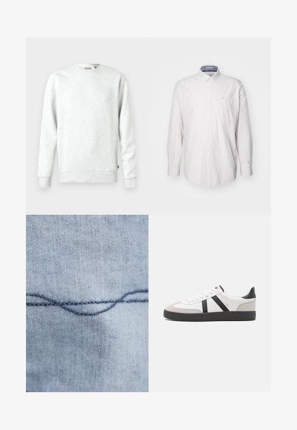Lys grå sweatshirt lavet af blødt materiale. Rund hals, lange ærmer, ribbede manchetter og kant. Har et lille logo-tag på siden.; Lysfarvet langærmet skjorte med tynde lodrette striber. Har en button-down krave og en brystlomme. Lavet af et tekstureret stof.; Lyseblåt denimstof med en synlig buet søm. Teksturen ser glat ud, med ensartet syning i mørkeblå tråd.; Hvide sneakers med sorte og grå detaljer, med en tekstureret grå tåhætte, sort gummisål og flade hvide snørebånd. Rent design, minimalistisk stil.