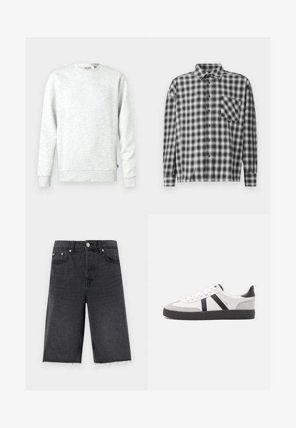 Sweatshirt gris clair en matière douce. Col rond, manches longues, poignets et ourlet côtelés. Présente une petite étiquette de logo sur le côté.; Chemise à manches longues à carreaux noir et blanc en tissu doux, présentant un devant à boutons et une poche poitrine. Conception à col avec coupe décontractée.; Shorts en denim noir à coupe droite, avec un ourlet légèrement effiloché, des passants de ceinture, cinq poches et des boutons en métal argenté.; Baskets blanches avec des accents noirs et gris, présentant un embout texturé gris, une semelle en caoutchouc noir et des lacets plats blancs. Design épuré, style minimaliste.