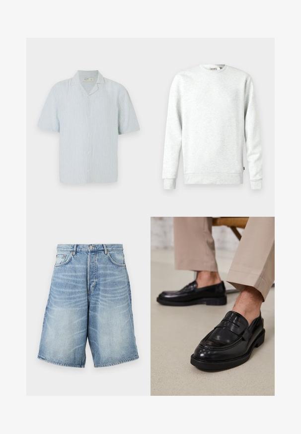 Hele halli dressipluus, mis on valmistatud pehmest materjalist. Ümar kaelus, pikad varrukad, soonikkoes elastsed varrukasuuled ja allääre. Koolipeal on väike logo silt.; Lühikeste varrukatega helesinise ja valge triibuline nööbiga särk. Omab klassikalist kraed ja laia lõike kerge kangaga.; Heledsinine teksashorts, millel on tuhmunud pesu. Omab nööbiga vööd, vööside ja kahte eesmist taskut.; Mustad nahast mokassiinid sileda viimistlusega, dekoratiivse rihma ja kontrastõmblustega, koos beežide pükstega.