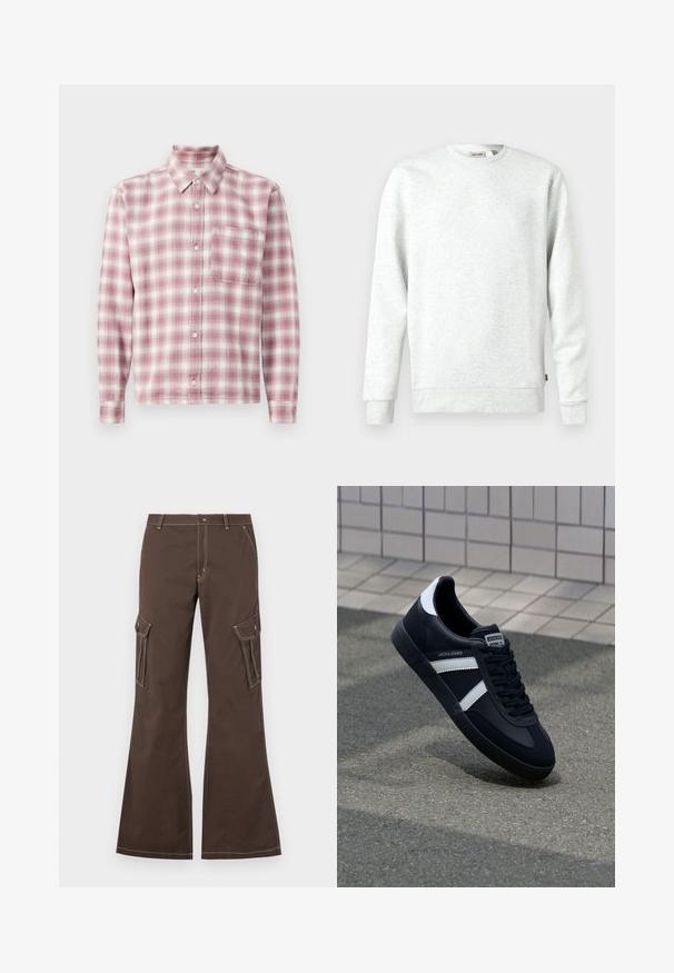 Lys grå sweatshirt lavet af blødt materiale. Rund hals, lange ærmer, ribbede manchetter og kant. Har et lille logo-tag på siden.; Langærmet plaid skjorte i pink og hvid. Fremstillet af et blødt stof med knap-ned krave, enkelt brystlomme og knaplukninger.; Brune cargo bukser med flagrende ben, der har sidelommer, hvide stikninger og en metallisk knaplukning.; Sort lædersneaker med hvide striber, tekstureret gummisål og snørrebånd foran. Har et brandet mærke på tungen.