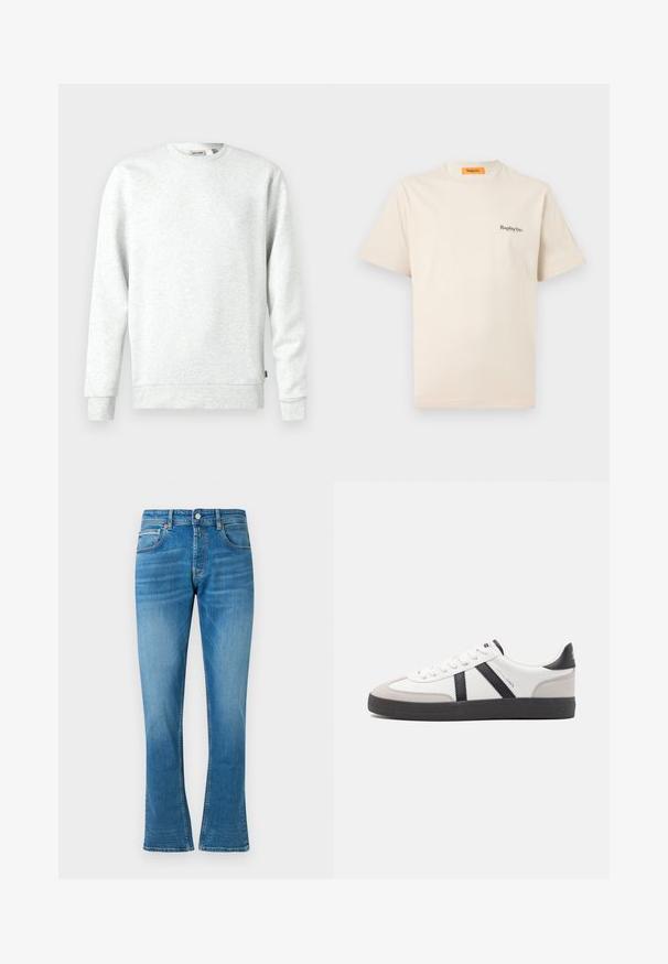 Hellgrauer Sweatshirt aus weichem Material. Rundhalsausschnitt, lange Ärmel, gerippte Bündchen und Saum. Verfügt über ein kleines Logoschild an der Seite.; Replay Inc. ESSENTIAL LOGO UNISEX - T-Shirt basic - ivory; Blaue Denim- Schlagjeans mit normaler Taille, zwei Fronttaschen und leichter Abnutzung. Der Stoff hat eine weiche Textur und traditionelle Nähte.; Weiße Sneaker mit schwarz- und grau-aczenten, ausgestattet mit einer strukturierten grauen Zehenkappe, schwarzer Gummi-Sohle und flachen weißen Schnürsenkeln. Sauberes Design, minimalistische Stil.