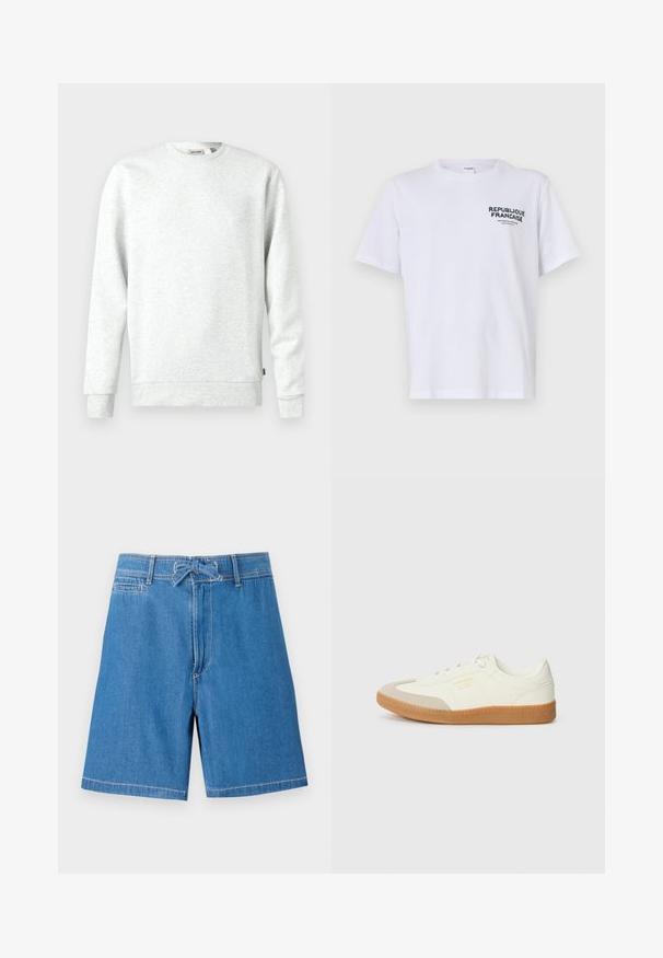 Sweatshirt gris clair en matière douce. Col rond, manches longues, poignets et ourlet côtelés. Présente une petite étiquette de logo sur le côté.; T-shirt en coton blanc avec des manches courtes et un col ras du cou. L'impression sur la poitrine gauche indique "REPUBLIQUE FRANCAISE" en texte vert foncé.; Shorts en denim bleu clair avec une taille élastique à cordon de serrage, poches avant et coutures contrastées. Design classique, coupe au genou.; Baskets en cuir blanc avec une coque beige et une semelle en caoutchouc marron clair. Dotées de lacets blancs plats et d'un logo embossé sur le côté.