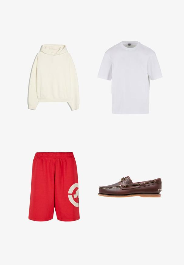 Sweat à capuche blanc uni avec manches longues et poche kangourou à l'avant, posé à plat sur un fond blanc.; T-shirt blanc à manches courtes en coton. Il présente un col rond et une coupe décontractée. Texture lisse, design minimaliste, sans motifs ni accents.; Shorts rouges en coton avec une taille élastique, présentant un grand design graphique blanc sur la jambe gauche et une texture lisse.; Chaussure bateau en cuir marron avec coutures blanches, détails de lacets et semelle en caoutchouc beige, vue de côté sur fond blanc.