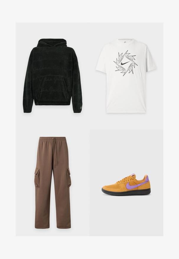 Sort hættetrøje med kængurulomme, diskret gentaget skriftmønster og lille hvid Jumpman-logo på venstre ærmekant.; Hvid kortærmet Nike T-shirt med sort abstrakt cirkulært design og centralt Nike swoosh-logo foran.; Brune cargobukser med elastisk talje, snøre og klaplommer på begge sider, lige ben pasform.; Orange ruskinds sneakers med lilla accenter, med snørebånd, rund tå og struktureret sort gummisål.